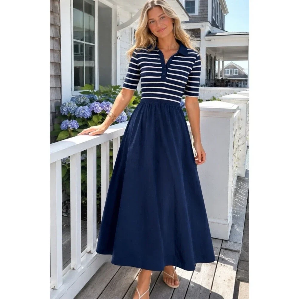 J Crew Polo Midi Dress Womens L Blue Striped Collared Fit Flare Coastal CR821